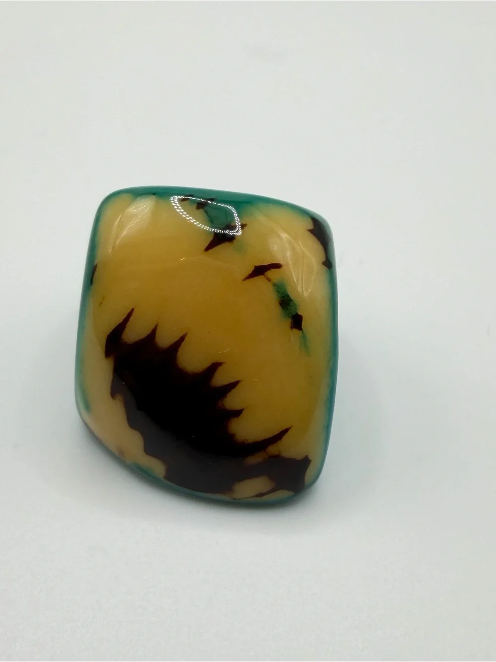 Vtg Chunky Ring Abstract Resin 6.5 Teal Yellow Black Flame Feather Marbled 1970s